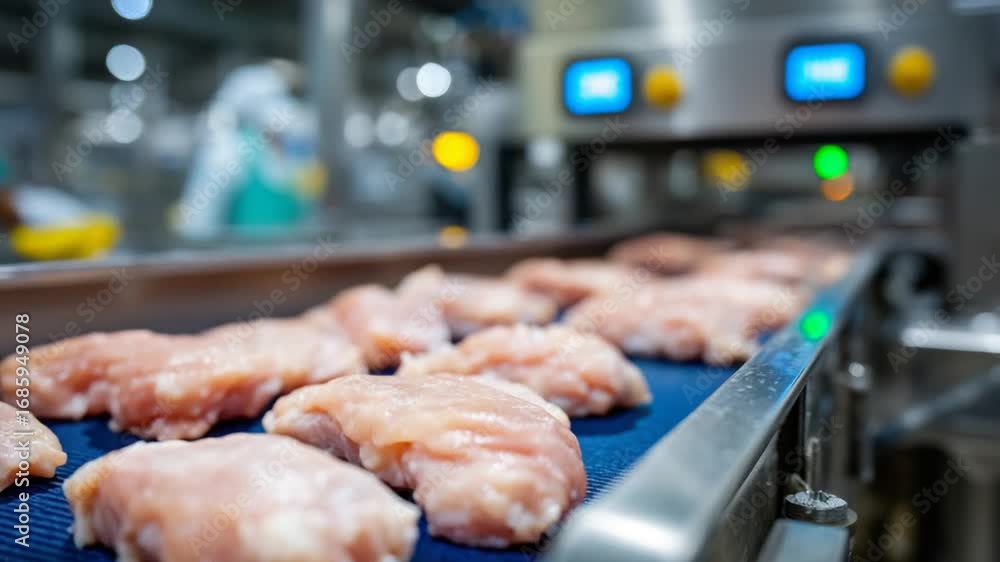 Poster automated belt system showcasing neatly arranged chicken fillets in a sterile, tiled environment wit