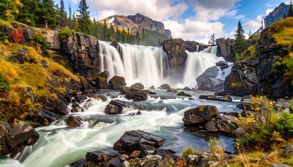 Majestic waterfall cascading over rocks, surrounded by autumn foliage and mountains under a cloudy sky