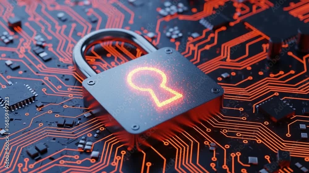 Aufkleber close up of a padlock with a glowing keyhole on a circuit board with microchips around it
