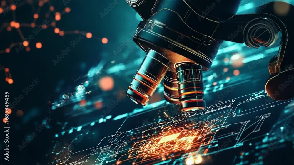 Poster microscope analyzing futuristic microchip circuitry in modern laboratory