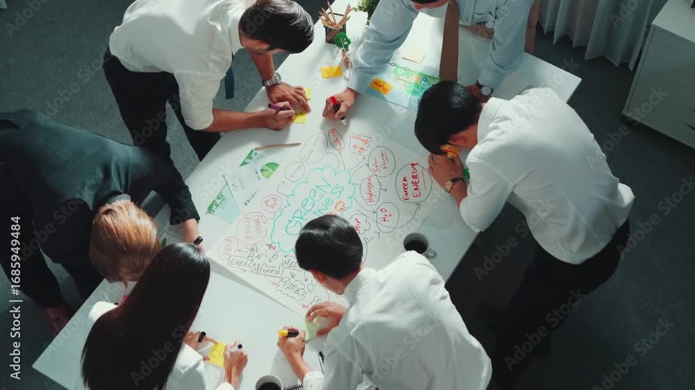 Poster top view of professional business team working together to brainstorm environmental idea by using mi