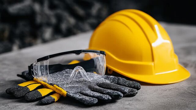 A detailed display of workplace safety gear, featuring a yellow construction helmet, black safety goggles, and rugged gloves on a textured gray table.