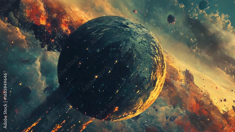 Poster planet exploding in a colorful nebula with asteroids and space dust