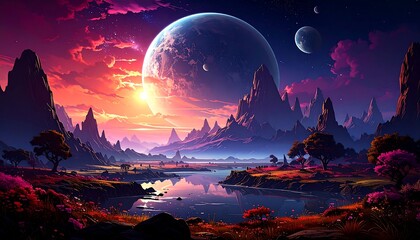 Colorful fantasy landscape with a large planet