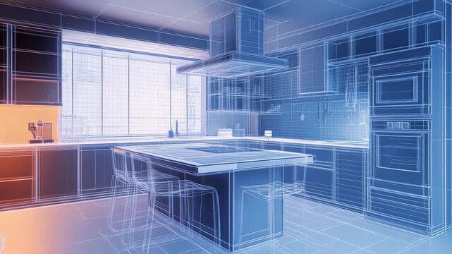 Blueprint of modern kitchen showing renovation or design project