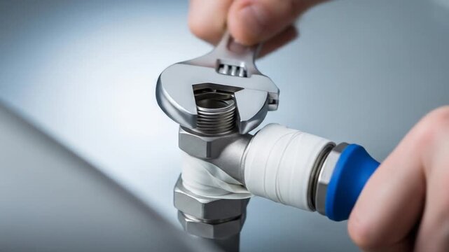 Demonstration of pipe fitting and adjustment with wrench in plumbing project