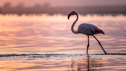 A single flamingo standing elegantly in golden hour light, soft ripples glowing with warm reflections, background softly blurred into dreamy pastels