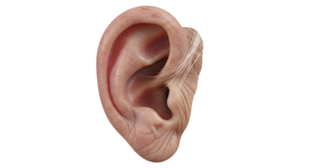Human ear isolated on transparent background, a detailed anatomical view of the outer ear, showcasing its intricate structure and natural form, set against a clean, minimalist backdrop