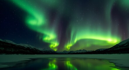 Aurora Borealis illuminates the sky with vibrant green hues reflected in the serene, icy lake below.