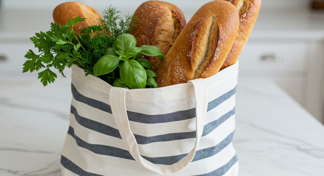 Freshly baked artisan bread and herbs in a stylish striped tote bag for market shopping - Powered by Adobe