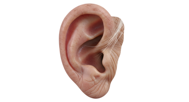 Human ear isolated on transparent background, a detailed anatomical view of the outer ear, showcasing its intricate structure and natural form, set against a clean, minimalist backdrop