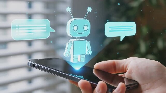 Hand holding smartphone with holographic chatbot assistant and speech bubbles above screen. Digital communication interface with virtual robot for mobile messaging and AI support. Concept of smart ass