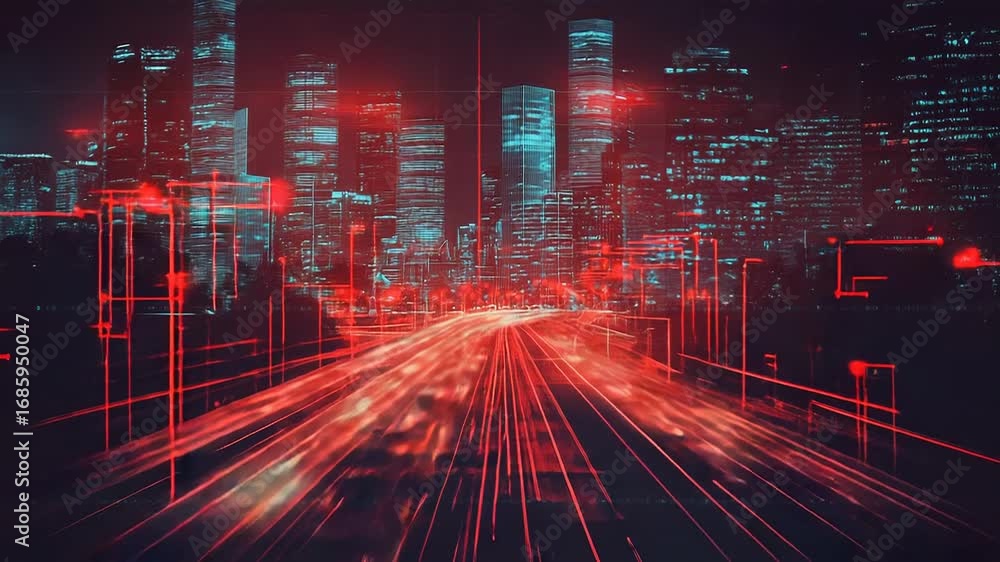 Poster futuristic cityscape with glowing red lines representing data flow and connectivity