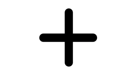 A black plus sign isolated on transparent background, representing addition, increase, or a positive value, with rounded edges and a clean, simple design