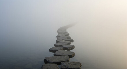 Stone pathway disappearing into fog, leading to unknown destinations, evoking mystery and hope