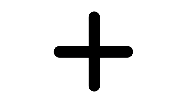A black plus sign isolated on transparent background, representing addition, increase, or a positive value, with rounded edges and a clean, simple design