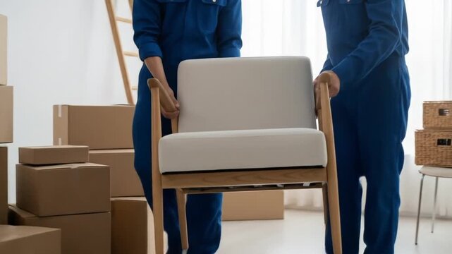 Efficient movers in blue overalls carefully relocating a chair amidst moving