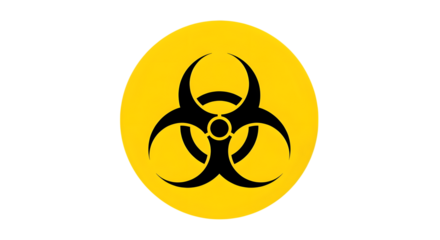 Biohazard symbol in black on a yellow circle isolated on transparent background, representing a biological risk and warning of potentially hazardous materials