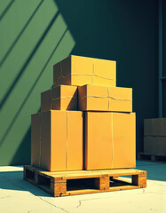 Retail boxes stacked neatly on a wooden pallet in a warehouse setting
