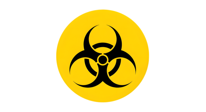 Biohazard symbol in black on a yellow circle isolated on transparent background, representing a biological risk and warning of potentially hazardous materials