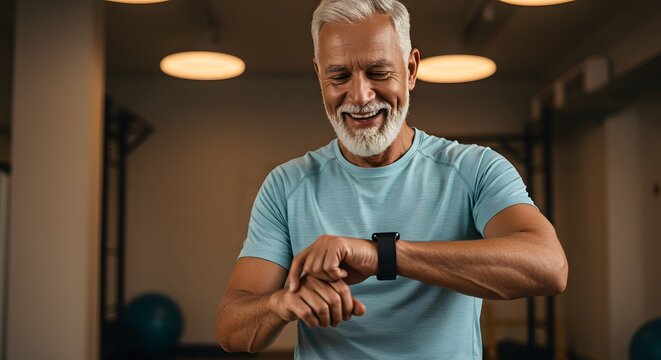 Smiling older man in activewear checks a watch in a gym, monitoring his fitness routine.