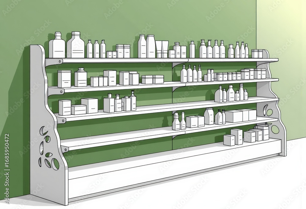 Poster retail shelf end display with products arranged for visibility and accessibility