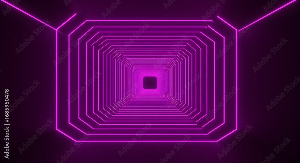 Poster neon lit tunnel with octagonal frames receding into the distance creates a futuristic spatial illusi