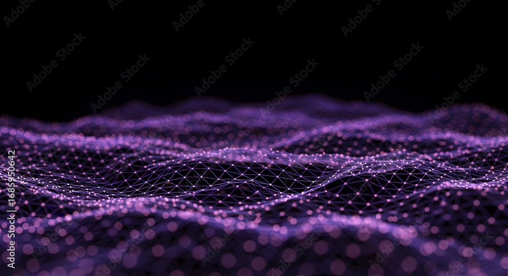 Poster abstract network of interconnected purple nodes forming a wave pattern against a dark background.