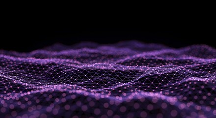 Abstract network of interconnected purple nodes forming a wave pattern against a dark background.