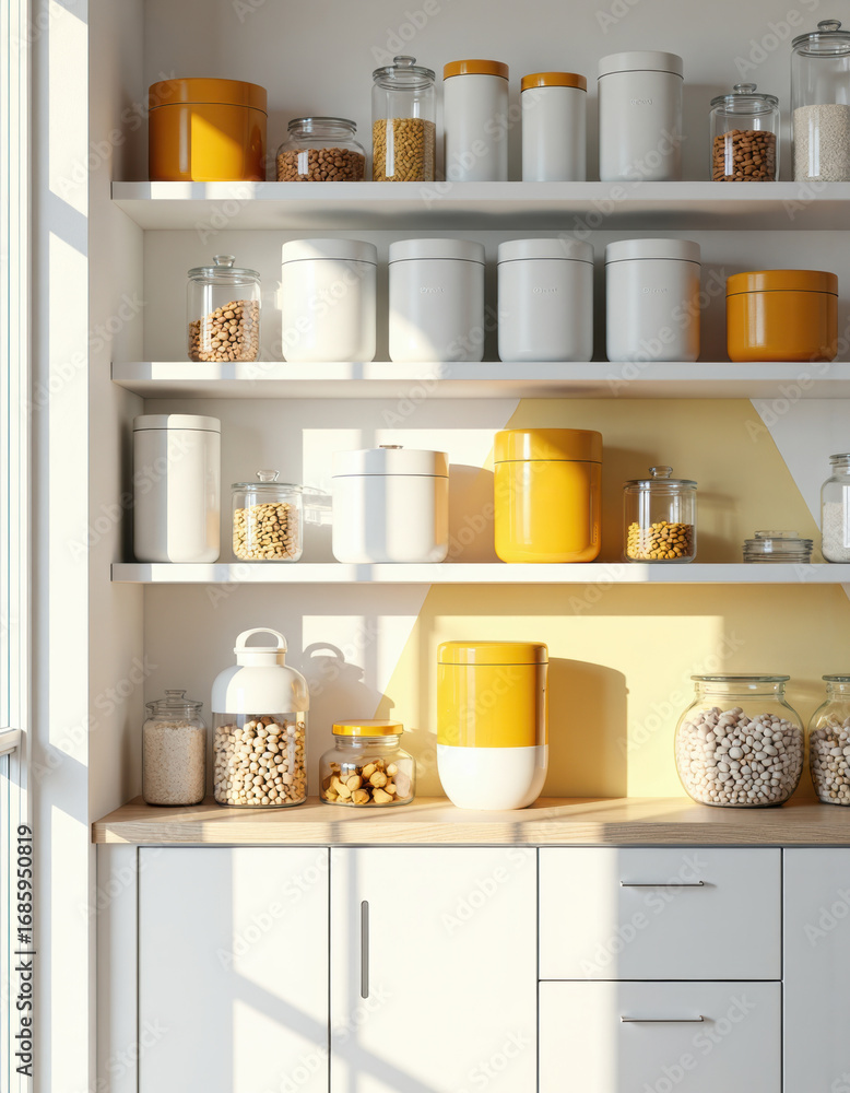 Poster organized pantry storage with a modern food container system and shelf layout