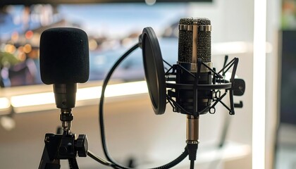 A close-up shot of two microphones with pop filters. Soft background features a blurred image