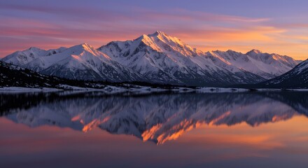 Snowy peaks reflecting in tranquil waters under a vibrant sunset sky. Majestic and serene landscape.