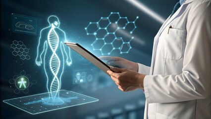 Doctor Holding Tablet with Futuristic Human Body Scan, DNA Helix, and Molecular Structures – Symbol of Precision Medicine and Medical Innovation