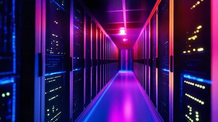 Server room corridor with colorful neon lights illuminating network hardware - Powered by Adobe