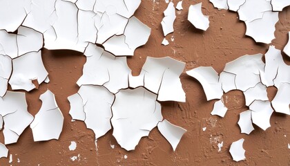 Close-up shows peeling white paint on a brown wall, creating a textured, aged appearance