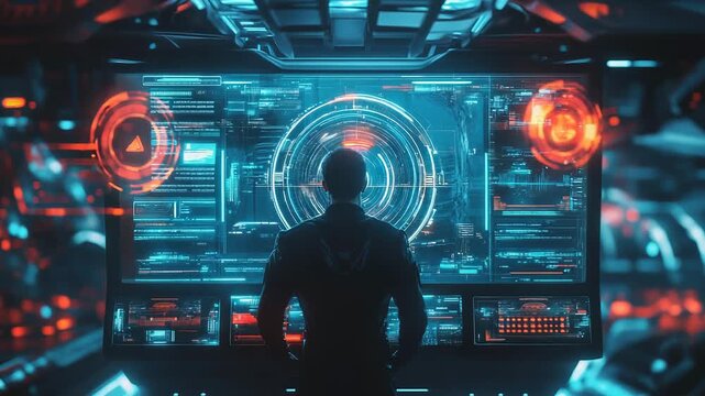 Spaceship captain monitoring futuristic control panel with holographic display