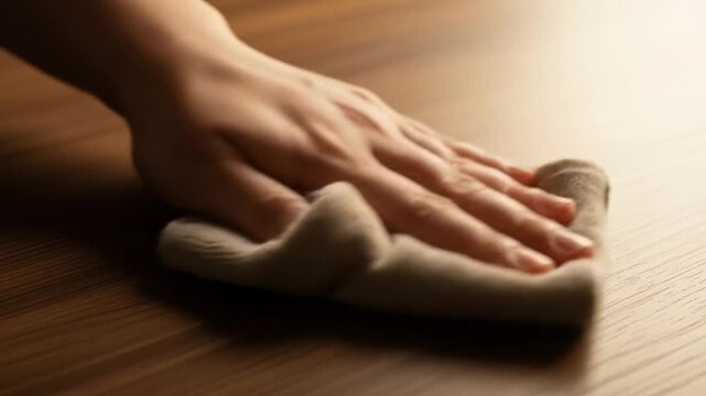 A clean sweep: Delicate hand wiping wooden surface with microfiber cloth