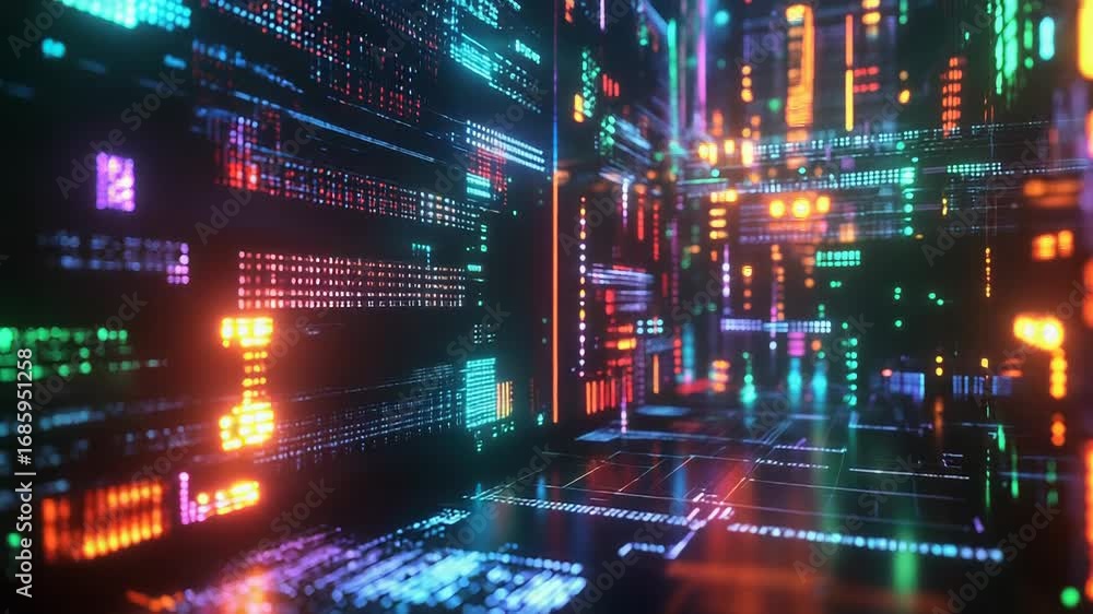 Poster futuristic server room processing big data with colorful lights