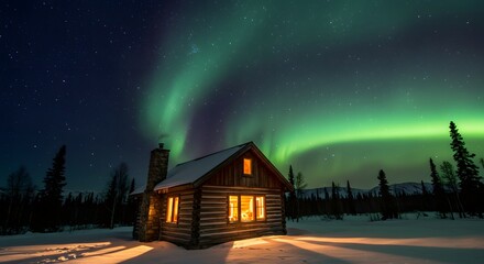 Cabin under Aurora Borealis: A cozy retreat beneath the dancing northern lights in a snowy wilderness.