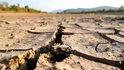 Close-up of cracked, dry earth. Background reveals a blurry green landscape