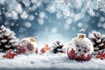 Fototapeta premium Christmas Card Red Baubles And Snowflakes With Snowfall