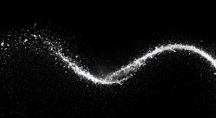 Dynamic splash of white particles forming a sinuous trail against a stark black backdrop, creating movement.