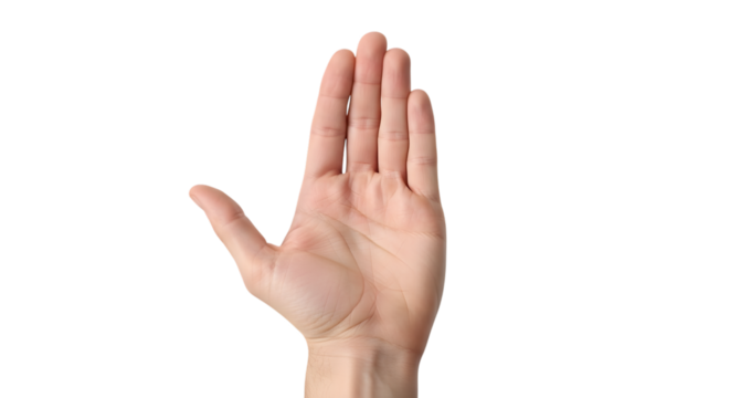 Open palm of a fairskinned hand in a stop gesture isolated on transparent background, conveying halt, warning, or refusal with a clear and direct signal