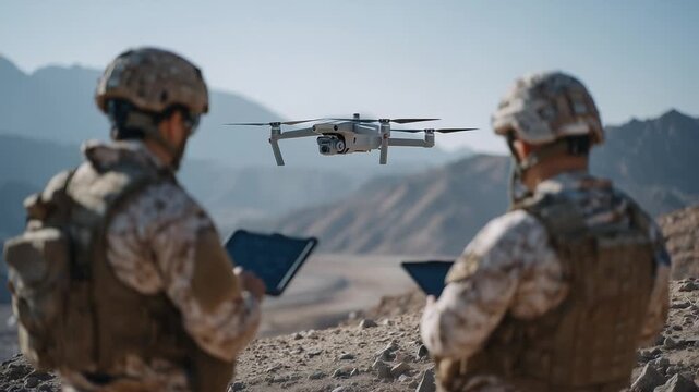 A high-tech military drone silently hovers over desert terrain as soldiers coordinate operations with rugged tablets amidst shimmering heatwaves.