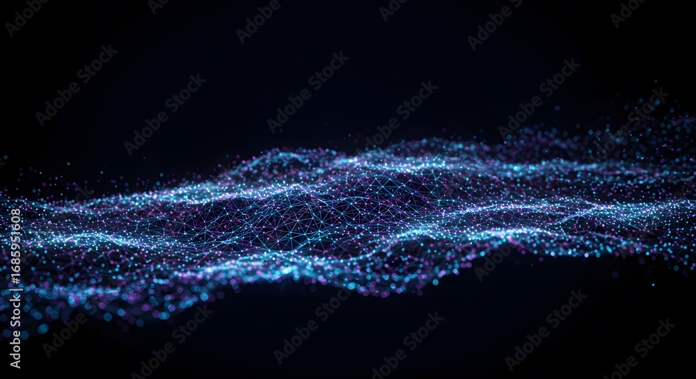 Poster abstract network of interconnected dots and lines forming a dynamic digital landscape with a dark ba