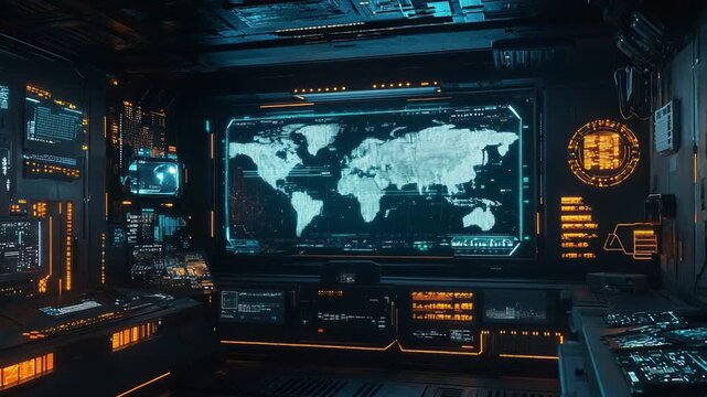 Futuristic command center showing world map on monitor