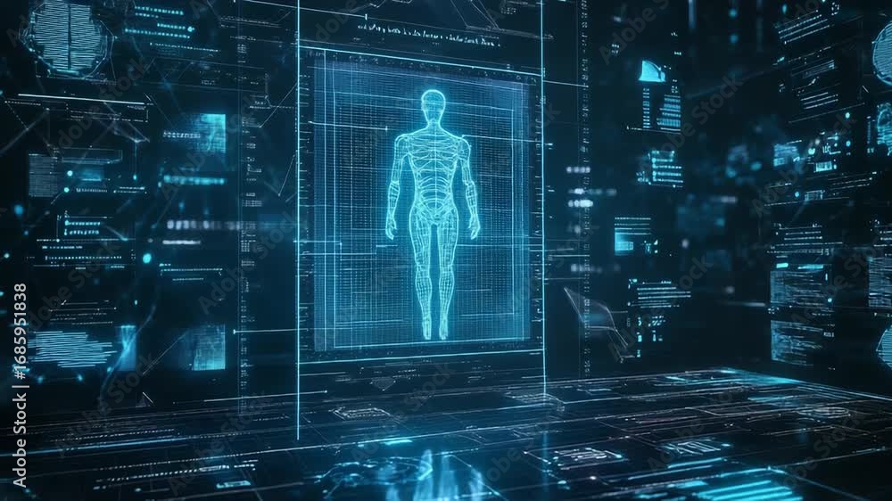 Poster futuristic interface displaying rotating 3d human body model with data analysis