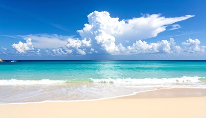 Obraz premium A vibrant beach scene with azure ocean, sandy shore, and fluffy white clouds against a bright blue sky