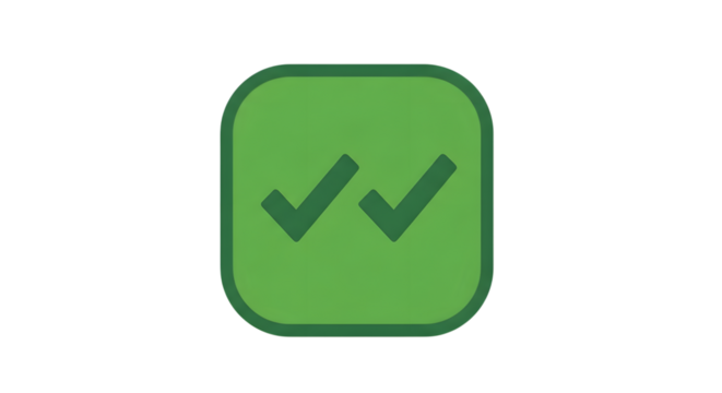 Double check mark in green square isolated on transparent background, signifying confirmation, approval, and completion, representing task completion and positive affirmation