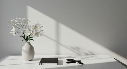 Elegant white blossom bouquet and notebook on bright desk evokes calm productivity in a modern workspace
